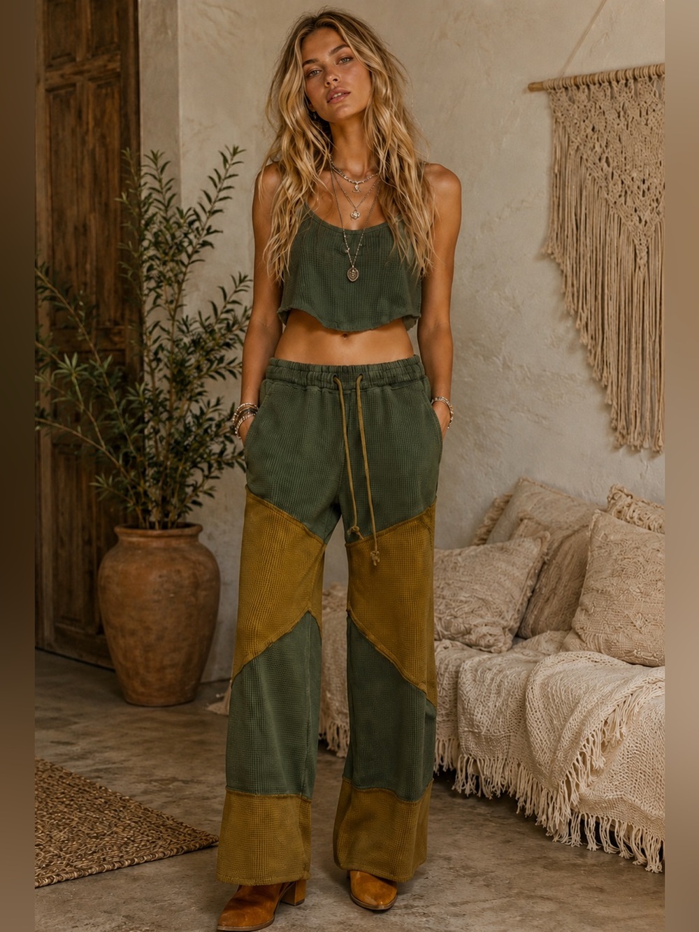 POL Stylish Two-Tone Pants Thermal Knit Wide Leg